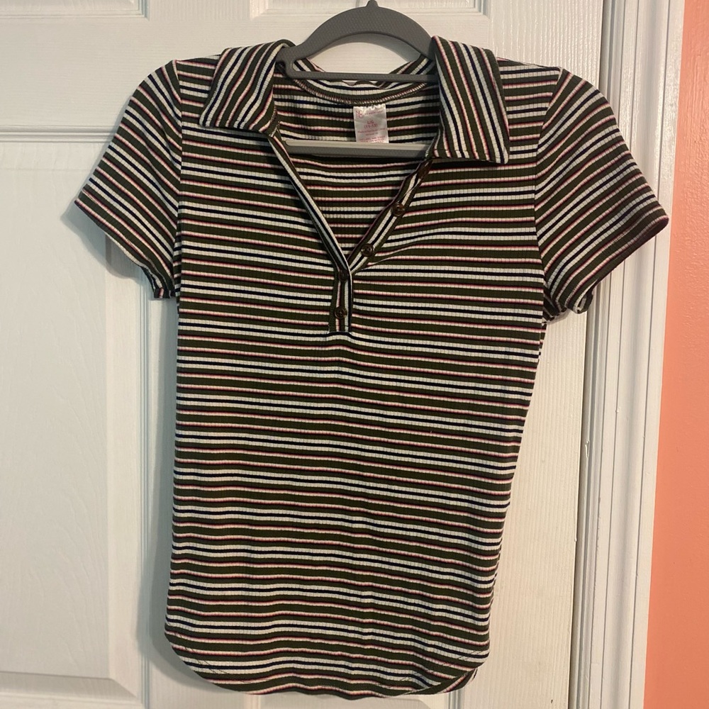 Women’s Green, black, white, & pink stripped cuffed top. Size: Lg (11-13)